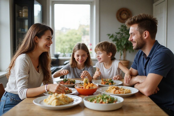 Eine glückliche Familie am Esstisch, die gemeinsam eine gesunde Mahlzeit genießt, symbolisiert Familienessen und gesunde Gewohnheiten.