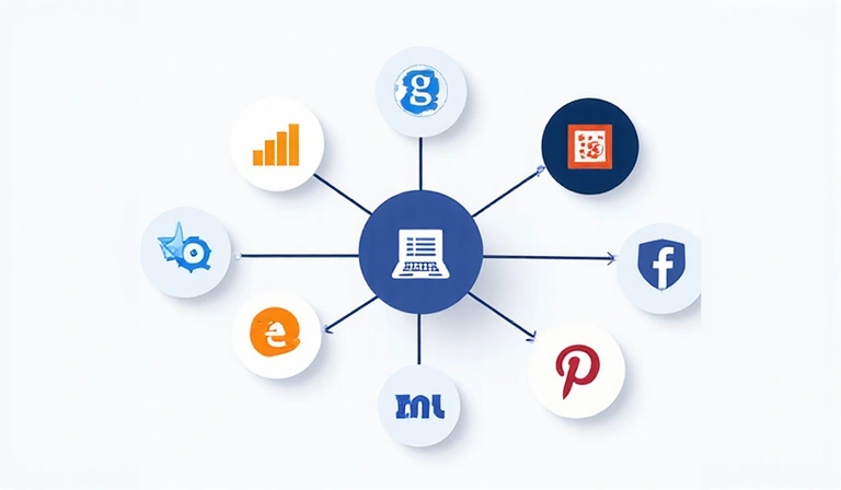 Illustration depicting various third-party services like Google Analytics, social media icons, and ad networks connected to a website.