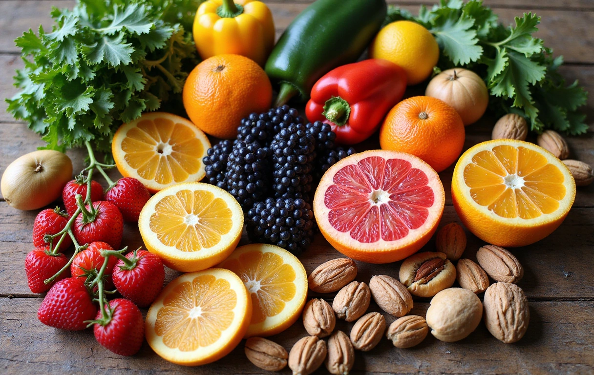 Eine Auswahl an frischen, bunten und gesunden Lebensmitteln, wie Obst, Gemüse, Nüsse und Samen, appetitlich angerichtet auf einem Holztisch, symbolisierend ausgewogene Ernährung.