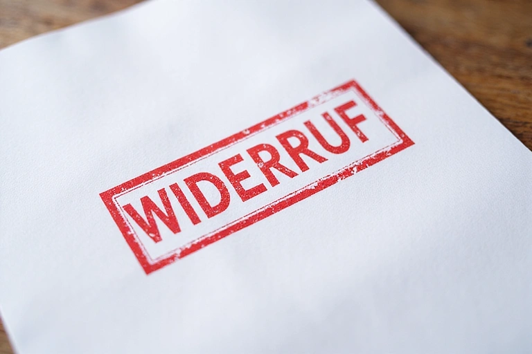 Ein Dokument mit einem Stempel und dem Wort 'Widerruf', symbolisiert das Widerrufsrecht.